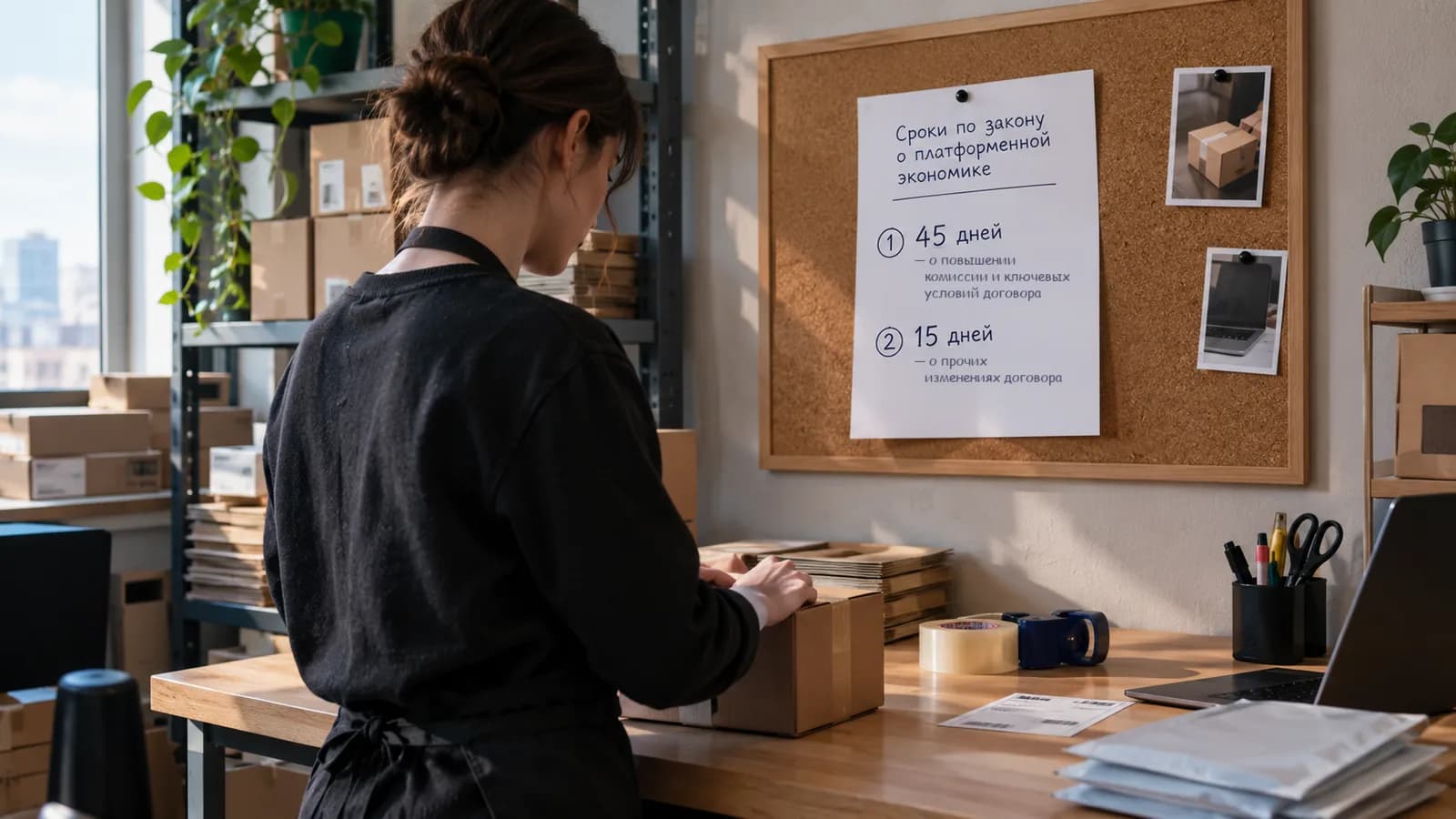 Продавец упаковывает заказ; на доске листок «Сроки по закону о платформенной экономике»: 45 дней — о повышении комиссии и ключевых условий договора, 15 дней — о прочих изменениях